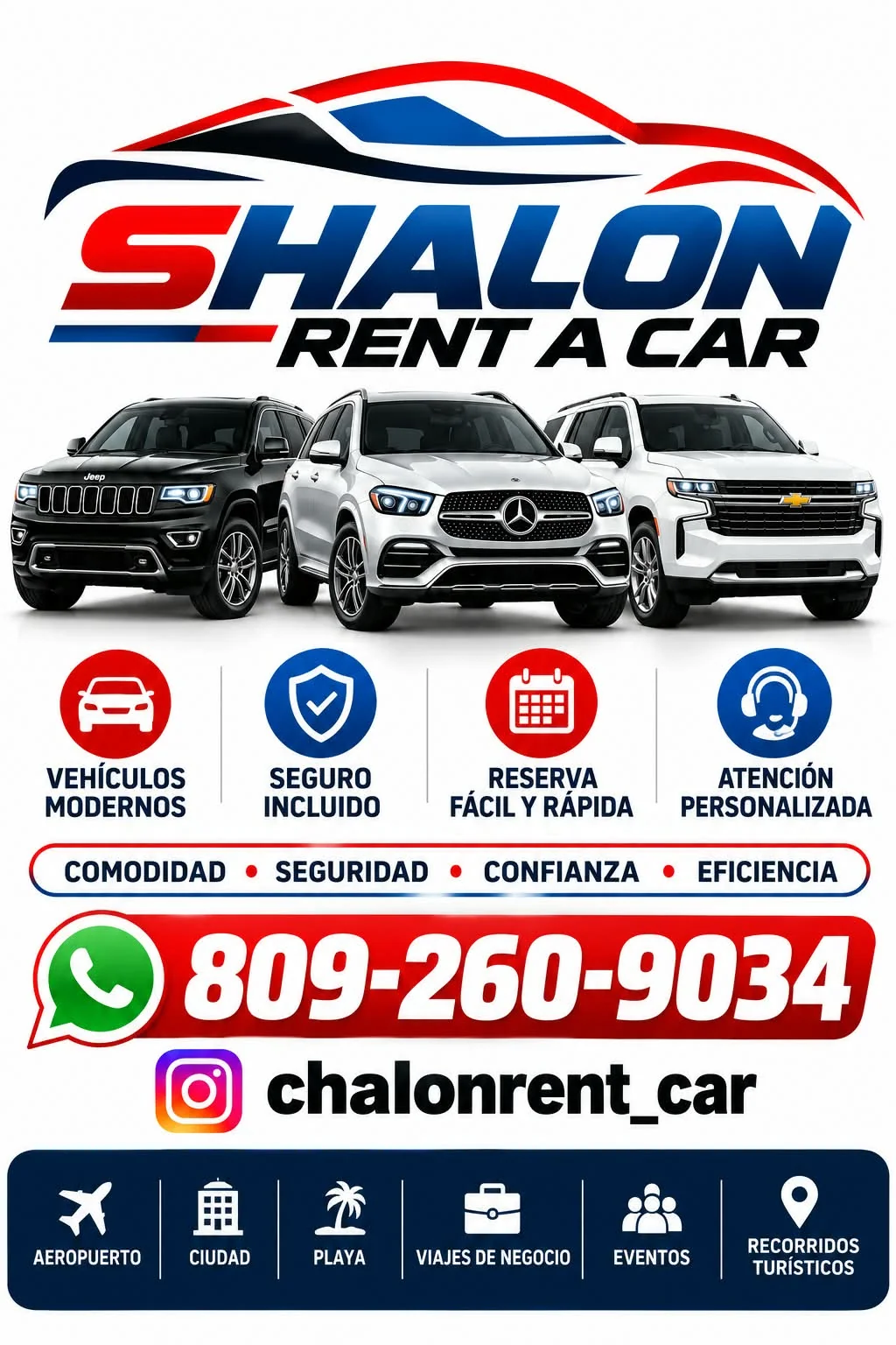 Flyer promocional SHALON Rent a Car con servicios, WhatsApp e Instagram