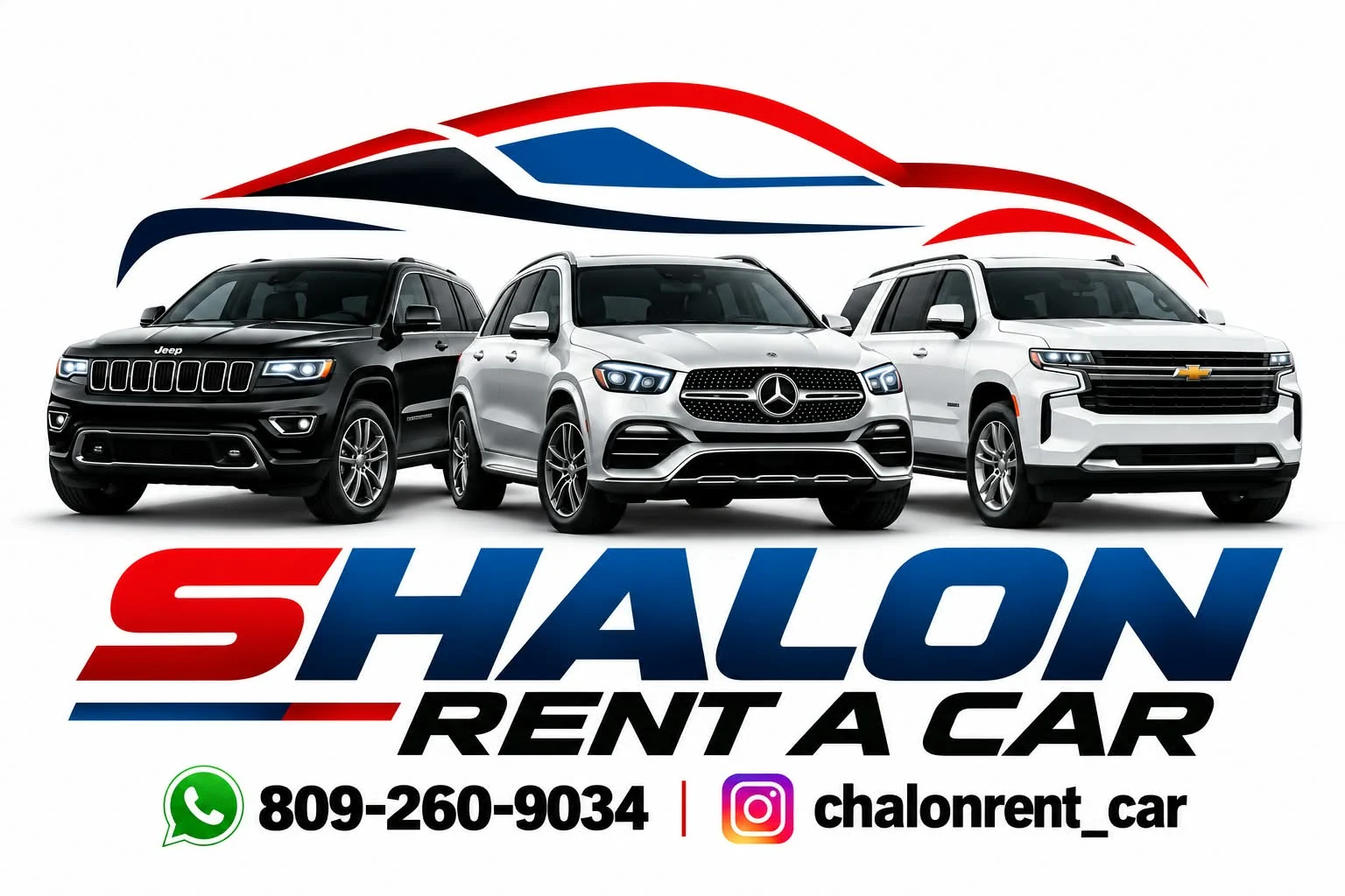 Identidad corporativa SHALON Rent a Car con vehículos SUV y teléfono de contacto
